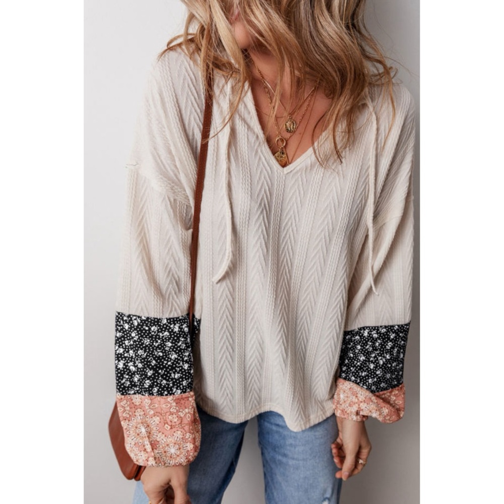 LAST ONE Floral Patchwork V-Neck Puff Sleeve Knit Draw‎ String Sweater